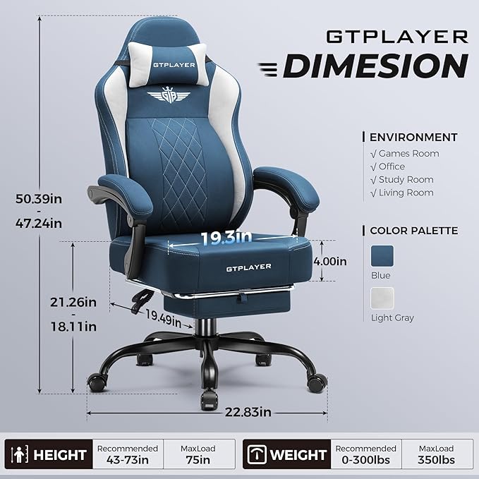 GTPLAYER Big and Tall Gaming Chair Breathable Fabric Computer Chair with Strong Lumbar Support Comfortable Office Chairs with Pocket Spring Cushion High Back Ergonomic Desk Chairs with Footrest