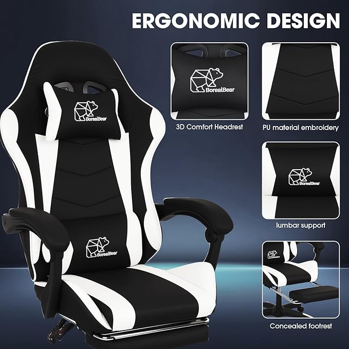 Gaming Chair Office Chair Reclining High-Back PU Leather Computer Desk Chair with Headrest and Lumbar Support suitable for gaming chairs office storage office shelving and more（Black+White）