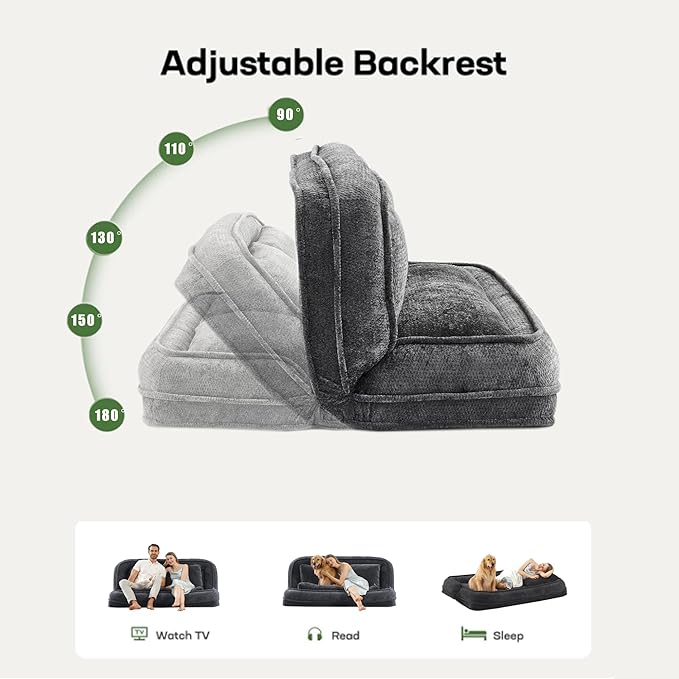 Floor Chair with Back Support Human Dog Bed Folding Loveseat with 5 Adjustable Position 2 Pillows Chenille Meditation Gaming Chair for Lazy Boys Living Room Lounge Bedroom Dark Grey