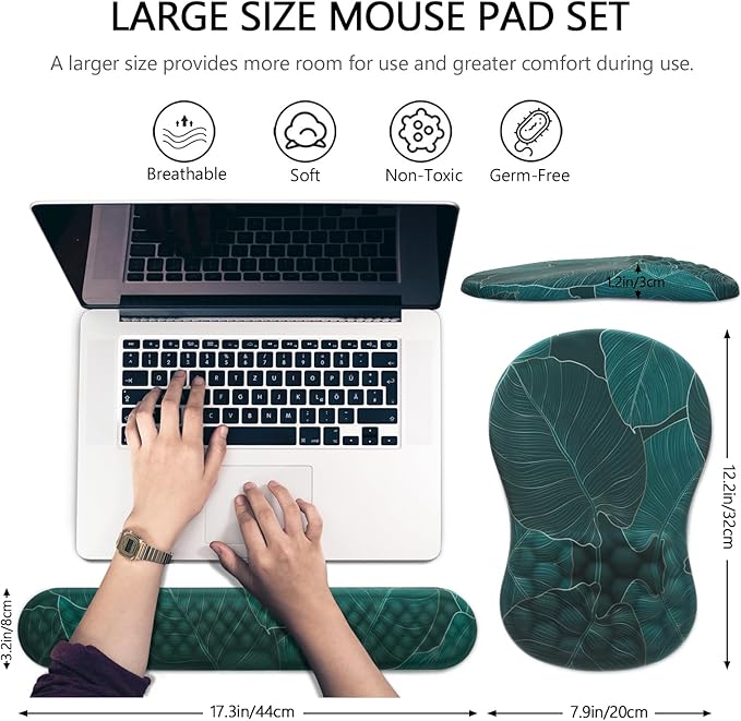 Mouse Pad Wrist Support Laokiiy 2 in1 Keyboard Wrist Rest+ Ergonomic Mouse Pad Non-Slip Wrist Rest for Computer Keyboard Made Easy Typing &amp Relieve Wrist Pain（Banana Leaf Green）