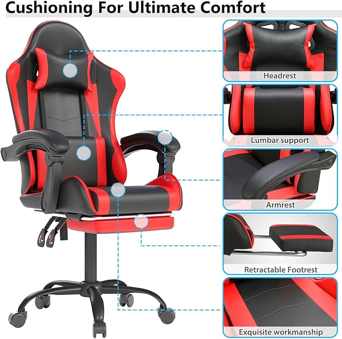 Gaming Chair with Headrest and Lumbar Support Ergonomic High Back Office Chair Racing Style Executive Computer Desk Chair Leather Adjustable Swivel Task Chair for Home Office (Red Black)