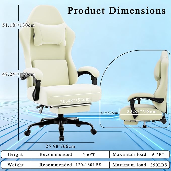 Ergonomic Gaming Chair Video Game Chair with Massage Lumbar Support and Footrest Height Adjustable Fabric Computer Chair with Pocket Spring Cushion (White)