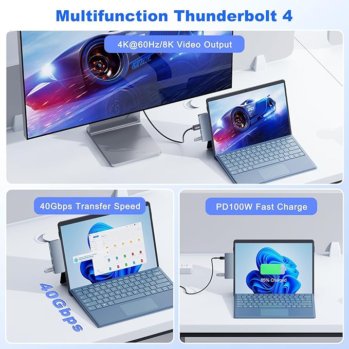 Surface Pro 11 Hub Adapter Microsoft Surface Pro 9/10/11/X Docking Station with 4K HDMI USB C Thunderbolt 4(8K Display+40Gbps Data+100W PD) USB 3.0/2.0 - USB C Hub Adapter for Surface Pro 11/10/9/X
