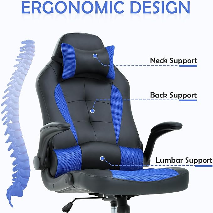 Computer Gaming Chair Video Game Chair for Adults Ergonomic PU Leather Gaming Office Chair Adjustable Armrest PC Gamer Chair Blue