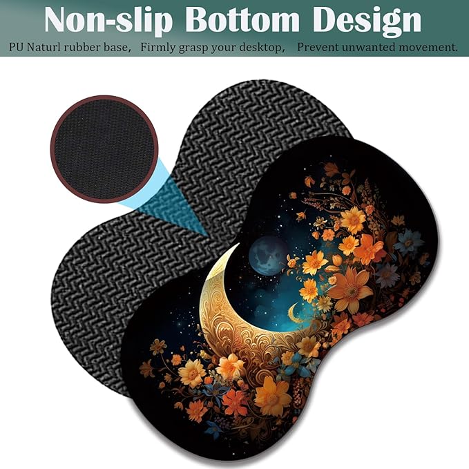 Large Game Mouse Pad + Wrist Support Pad + Coffee Coaster Desk Pad with Sewn Edges Anti-Slip Set pad Suitable for Office Work and Home - Flowers Moon Star
