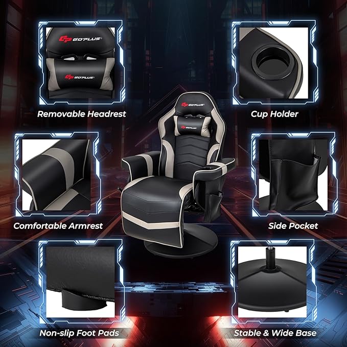 Goplus Gaming Chair Height Adjustable Massage Video Game Chair with Retractable Footrest Cup Holder Headrest Swivel Office Chair Racing Style Swivel Gamer Chair