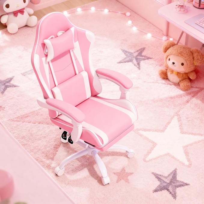 Magshion Gaming Chair Ergonomic Computer Chair with Linkage Armrests Height Adjustable Video Game Chair with Footrest and Headrest for Silla Gamer and Adults 350 Lbs Capacity Pink/White