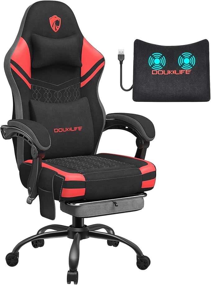 Gaming Chair Tech Fabric Computer Chair with Massage Office Chair with Pocket Spring Widened Cushion High Back Ergonomic Chair with Footrest Lumbar Support Upgraded Metal Legs 350LBS (Red)