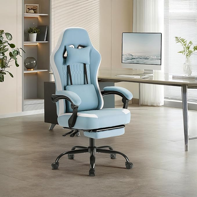 Sweetcrispy Video Game Chair - High Back Ergonomic Computer Desk Chair with Footrest &amp Lumbar Support Height Adjustable Task Chair with Linkage Armrests and Headrest 360° Swivel Wheels Blue