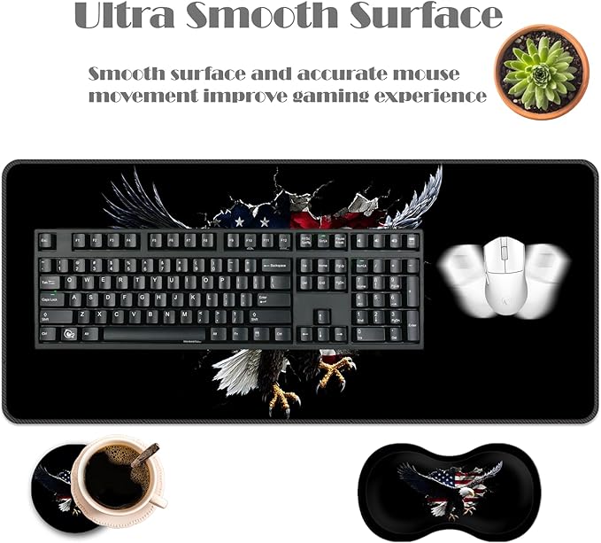 Ergonomic Keyboard Wrist Rest &amp Mouse Pad Wrist Rest SetXL Gaming Desk Mat 31.5x 11.8Non-Slip BaseMemory FoamEasy Typing Pain Relief for Office &amp HomeEagle Breaking American Flag