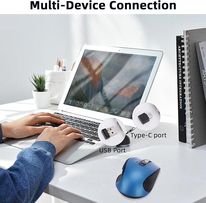 Wireless Mouse with Bluetooth USB A USB C Receiver Rechargeable Full Size Mouse Ergonomic Silent for MacBook/Laptop/Computer/PC/iPad-Blue