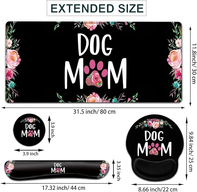Large Mouse Pad Ergonomic Mouse Pad with Wrist Rest and Keyboard Wrist Rest 4 in 1 Set 31.5 x11.8 inch Extended Desk Pad for Home Office Cute Dog Mom Floral Pattern XXL Black Gaming Mouse Mat