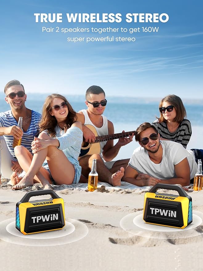 Portable Bluetooth Speakers - Wireless Jobsite Speaker 80W Peak TWS Light Shows Loud Speaker with Deep Bass BT 5.3 IPX6 Waterproof 20H Playtime for Outdoor Beach Camping Garage - Yellow