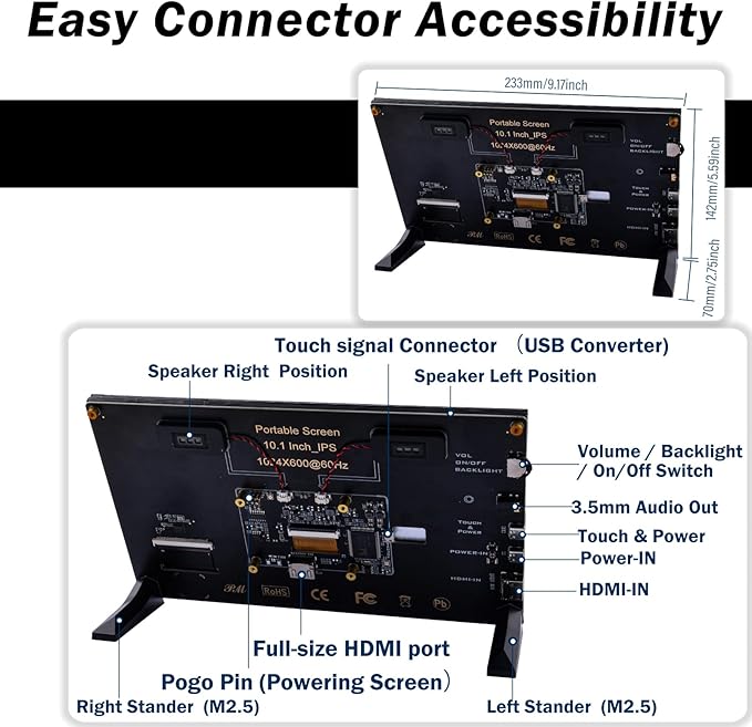 GeeekPi 10.1 inch Capacitive Touchscreen for Raspberry Pi HDMI Monitor IPS 1024X600 LCD Display with Dual-Speaker for Raspberry Pi 5/4B/3B+/3B/B+ with Mount Hole to Install Raspberry Pi Board