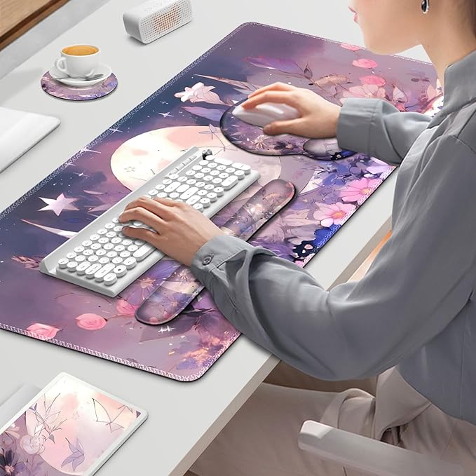 Large Desk Mat Gaming Mouse Pad Desk Pad Protector XXL Mousepad + Keyboard Wrist Rest+Mouse Wrist Rest+Coaster Set with Ergonomic Desk Pad for Home Office PC Computer Pastel Purple Flower Moon