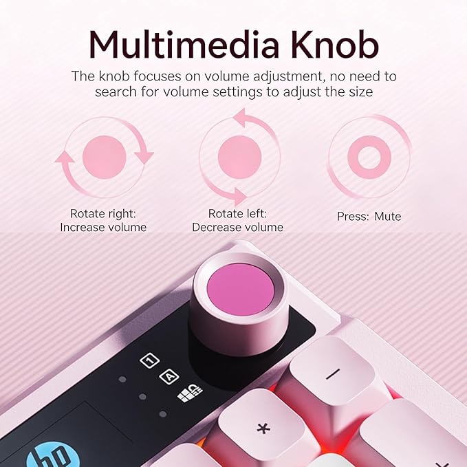 HP K500F Wireless Gaming Keyboard - 98 Keys RGB Backlit Volume Knob Tri-Mode Bluetooth 5.0/2.4GHz/USB-C Wired 3000mAh Rechargeable Membrane Keyboard for Desktop and Laptop (Gradient Pink)