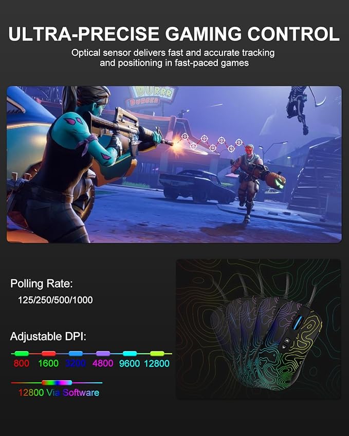 Womier G706 USB Wired Gaming Mouse for PC Computer Windows Mac Laptop Lightweight Silent RGB Backlit Mouse with Adjustable 12000DPI/7 Programmable Side ButtonsTopographic Theme (Black Topographic)
