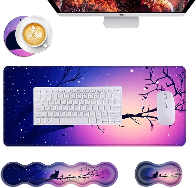Mouse PadLarge Desk Mat Set 4in1 XL Mousepad + Keyboard Wrist Rest+Mouse Wrist Rest+Coaster with Ergonomic Desk Pad for Home Office Table Computer Cover -Cat and Birds on Branch