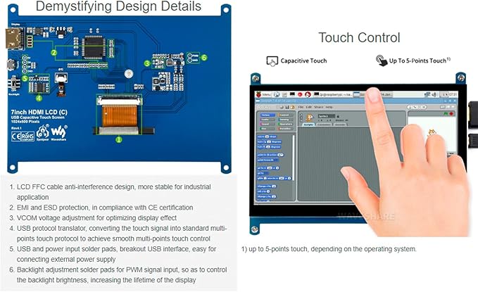 waveshare 7inch HDMI LCD IPS Capacitive Touch Screen 1024×600 Display Monitor Compatible with Raspberry Pi 5/4B/3B+/3B/Pi Zero W/Zero 2W/Pico/Pico W/Pico 2/Pico 2WJetson Nano/Win10/8/7etc.
