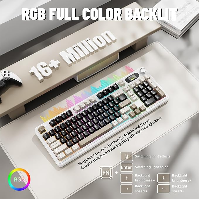 ATTACK SHARK X98PRO Wireless Mechanical KeyboardMulti-Function Knob&ampTFT ScreenTri-Mode BT/2.4GHz/USB-C KeyboardHot-Swappable RGB Backlit4000mAh 98 KeysCloud Drivefor Win/Mac/Linux-Creamy Whi