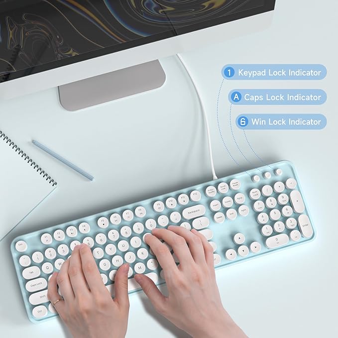 Computer Keyboard Wired Plug and Play USB Retro Round Typewriter Keyboard Full Size Wired Keyboard with Foldable Stands for Laptop and Office PC- Blue&ampWhite Colorful