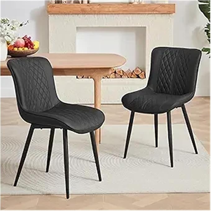 Adjustable Office Computer Chair with Armrest 2pcs Leather Upholstered Dining Chairs with Solid Metal Legs Curved Backrest(Black)