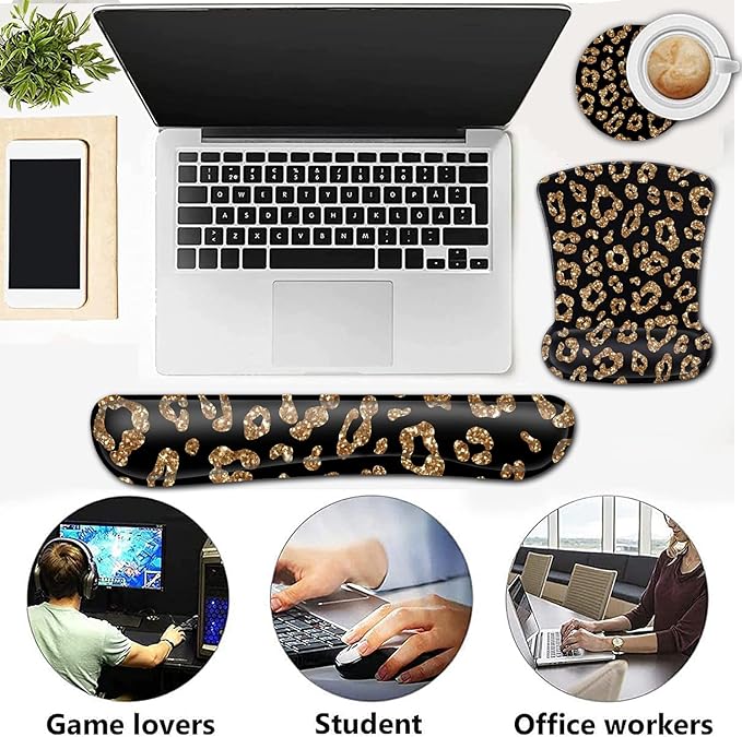 Ergonomic Black Mouse Pad Wrist Support and Memory Foam Keyboard Wrist Rest SetGel Mouse Mat with Non-Slip PU BaseKeyboard Palm Rest for Home Office Wireless Gaming Desk Pad Gold Glitter Leopard
