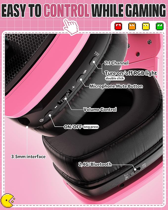 Tatybo Wireless Gaming Headset for PC Ps5 Ps4 2.4 Ghz USB &amp Type-C Gaming Headphones with Microphone 30H Battery Bluetooth Headphones for Switch Laptop Mobile Mac (Black Pink)