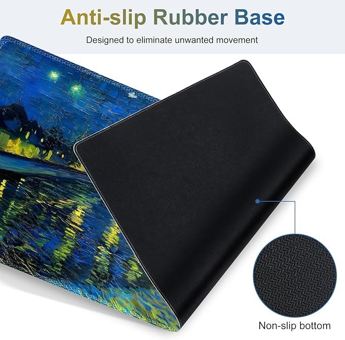Large Gaming Mouse Pad Set 4 in 1 Ergonomics Keyboard Desk Mat Memory Foam Wrist Rest Computer Extended Game Mousepad Non-Slip Desk Matt Easy Typing Pain Relief I Starry Night Over The Rhone