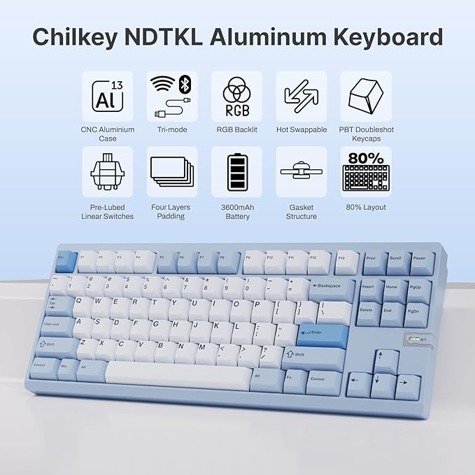 Chilkey ND TKL Aluminum Mechanical Keyboard 87 Keys Tenkeyless Wireless Gaming Keyboard Tri-Mode BT5.3/2.4GHz/USB-C PBT Keycaps Hot Swappable Custom Key Board for Windows Laptop Office PC