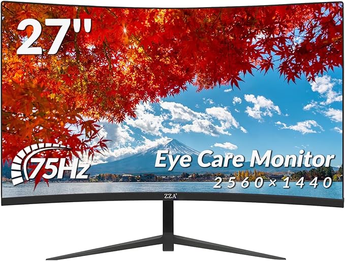 ZZA Curved Monitor 27 Inch with 2K 2560 x 1440 75hzComputer Monitor 27 inch QHD with HDMIDP and Wall MountableTilt Adjustability PC 1440p 1650R Monitor for WorkingGaming