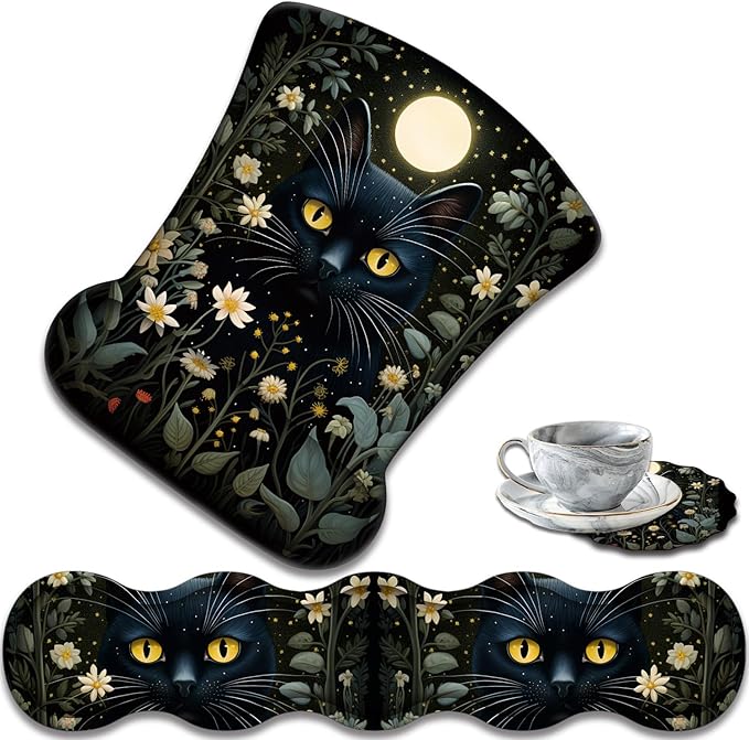 Ergonomic Keyboard Wrist Support Pad and Wrist Support Mouse Pad Anti-Slip with Gel Memory Mouse Pad Set Suitable for Office Use/Home Use - Cat Moon