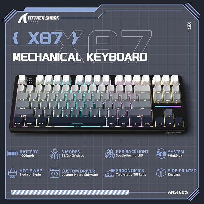ATTACK SHARK X87 Wireless Tri-Mode Mechanical Gaming Keyboard - Hot Swappable RGB Gasket Mount Pre-Lubed Linear Switches Side-Printed PBT Keycaps (TKL 87-Key Grey Black)