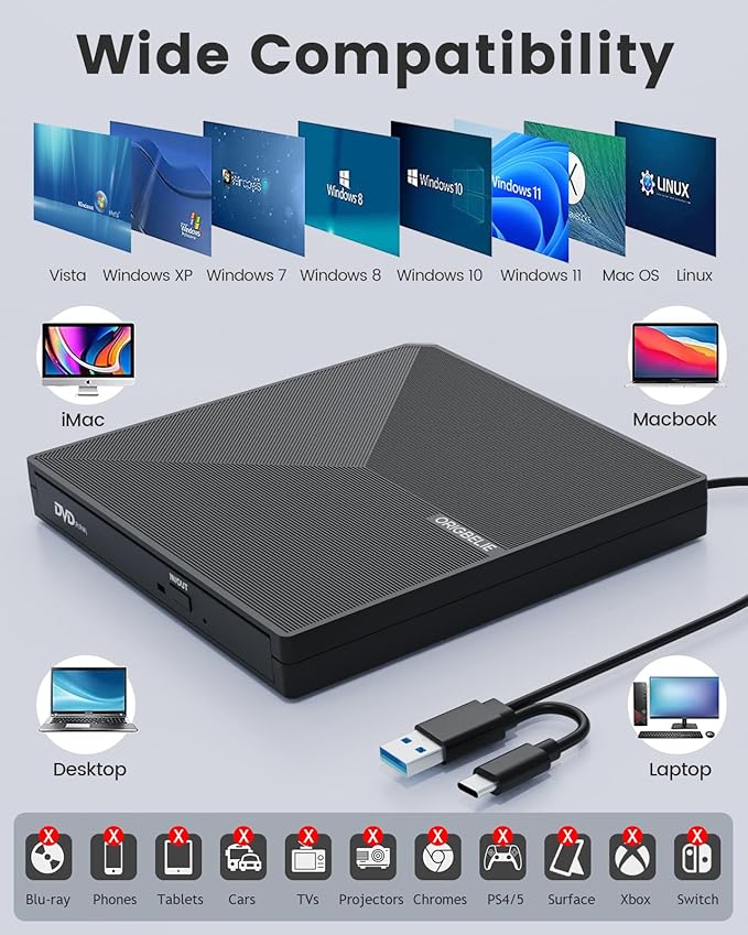 External CD DVD Drive Portable Type C &amp A USB 3.0 DVD +/-RW Player Burner Reader Writer Optical CD ROM Disc Drive for MacBook Laptop Desktop PC Mac OS Windows Linux with Carrying Case