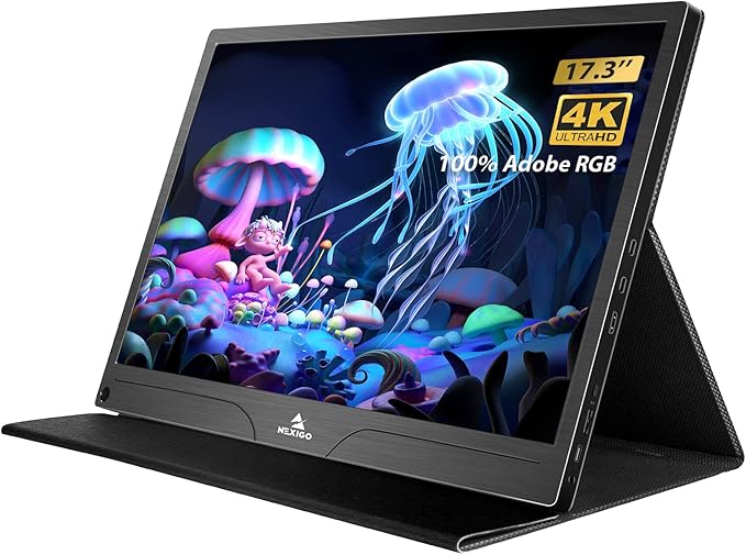 NexiGo 4K Portable Monitor 17.3 Inch 400 Nits FreeSync 100% Adobe RGB HDR IPS Display Dual Speakers Eye Care Screen with OTG Expansion for Laptop PC/MAC/Console/PS5 VESA &amp Smart Cover