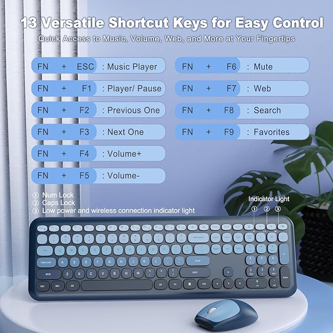 HotFox Wireless Keyboard and Mouse Combo Full-Size Retro Typewriter Keyboard with Round Keycaps Ergonomic Design for Windows PC Home and Office Use -Blue