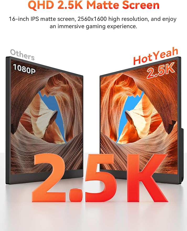 HotYeah 16 2.5K 144Hz Portable Gaming Monitor 2560x1600 QHD 125% sRGB USB-C HDMI Monitor for Laptop External Monitor w/180° Adjustable Kickstand for MacBook Laptop PC Phone Tablet Switch PS5