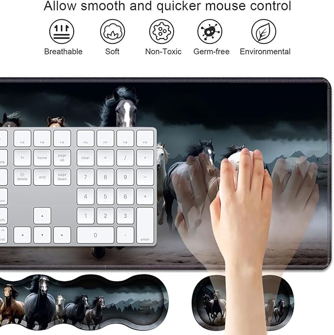 4 in 1 Ergonomic Keyboard Wrist Rest &amp Mouse Pad Wrist Rest Set Large XXL Gaming Desk Mat 31.5x 11.8 with Non-Slip Base Memory Foam for Home Office Study Gaming Running Horses