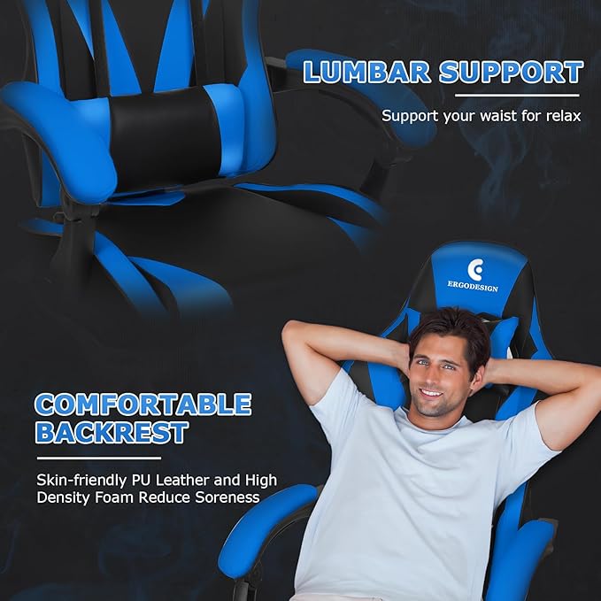 Gaming Chair with Linkage Armrest &amp Footrest High Back Video Gaming Chair Black/Blue