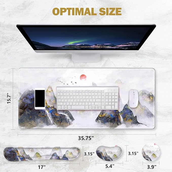 ToLuLu Extended Gaming Mouse Pad Memory Foam Ergonomic Keyboard Mouse Wrist Rest Support Set Large Desk Mat with Stitched Edges Non-Slip Base Mousepad for Home Office Game Study Ink Mountain