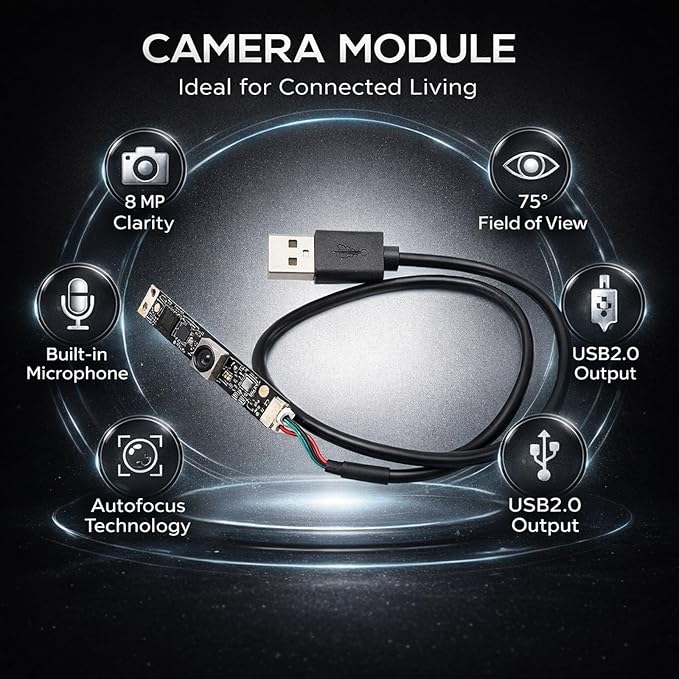 8MP USB Camera Module with Autofocus and Fixed Focus 2.4mm Lens Black - High Resolution Imaging Digital Microphone Compatible with Multiple Systems