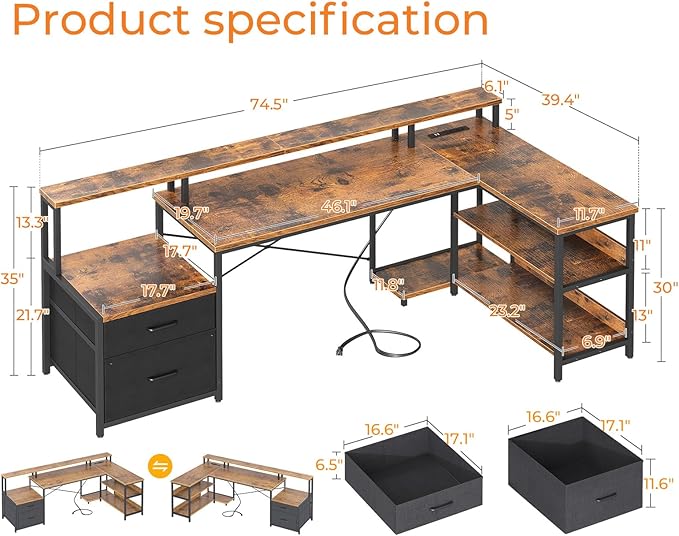ODK 75 L Shaped Desk with File Drawers Work from Home Office Desk with Power Outlet Reversible Computer Desk with Storage Shelves Gaming Desk with Monitor Shelf Corner WFM Table Vintage