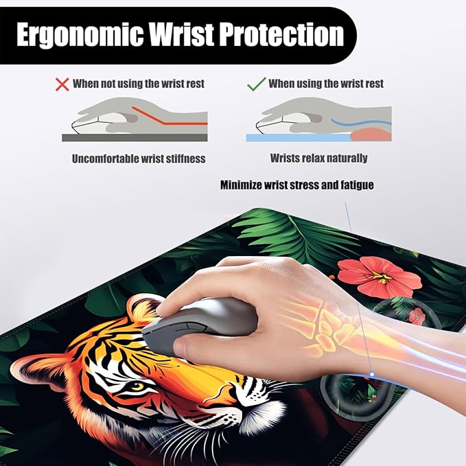 Mouse PadLarge Desk Mat Set 4in1 XL Mousepad + Keyboard Wrist Rest+Mouse Wrist Rest+Coaster with Ergonomic Desk Pad for Home Office Table Computer Cover -Tiger with Jungle Flowers