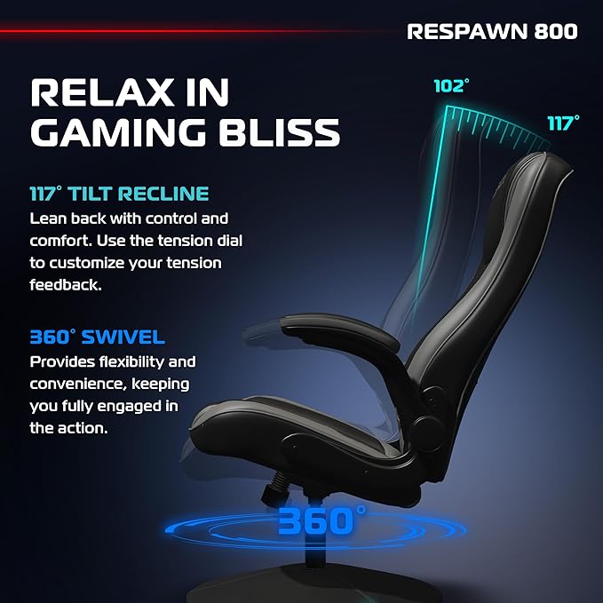 RESPAWN 800 Swivel Rocker Gaming Chair - Ergonomic Floor Gaming Seat with Lumbar Support Flip Up Armrest High Back Pedestal Base Comfortable No Wheels Console Video Game Rocker Chair - Gray