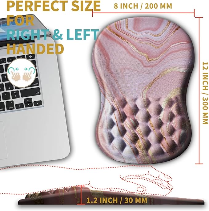 Hokafenle Ergonomic Mouse Pad Wrist Support with Massage Design Wrist Rest Pain Relief Mousepad with Memory Foam&ampNon-Slip PU Base Mouse Pads for Wireless Mouse &amp Desk (12x8 inchPink Gold Ma