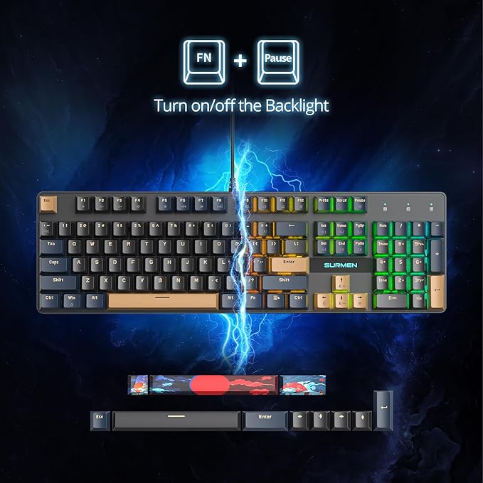 surmen Full Size Creamy Keyboard with Number Pad 104 Keys RGB Wired Mechanical Gaming Keyboard Backlit with PBT Keycaps Linear Red Switch for Laptop Desktop PC Gamers（104 Blue Samurai B）