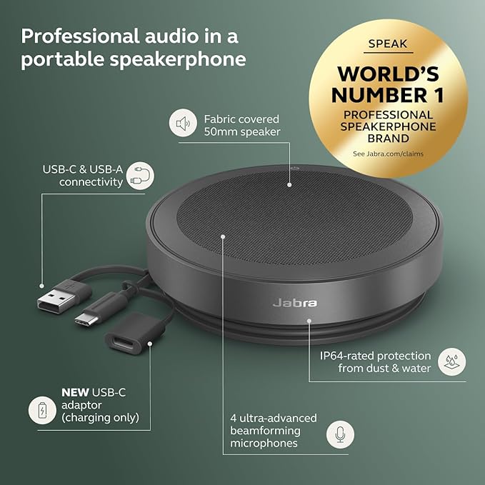 Jabra Speak2 75 (2025 Edition) Wireless Bluetooth Speakerphone - 4 Noise-Cancelling Mics 65mm Speakers - New Linking Feature - USB-C Dongle - Certified for Microsoft Teams - Dark Grey