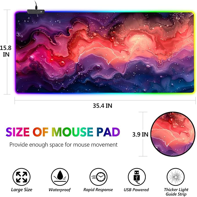 AIMSA Extra Large RGB Gaming Mouse Pad with 14 Light Modes Extended LED Mouse Pad Anti-Slip Rubber Base Computer Keyboard Mousepad Mat Abstract Purple Marble