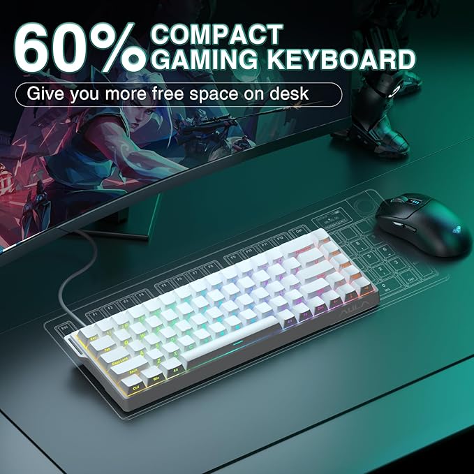 AULA WIN68 HE Mechanical Gaming Keyboard 60% Hall Effect Magnetic Switch Fast Trigger Mode Adjustable Actuation 8000Hz Polling Rate RGB Backlit Wired White Keyboard for Laptop/PC Gamer