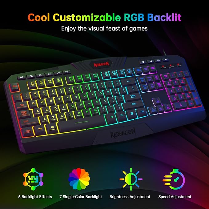 Redragon S101-3 Wired RGB Backlit Gaming Keyboard and Mouse Combo Programmable Keyboard and Mouse (800-7200DPI) Gaming Headset Mouse Pad Combo All in 1 PC Gamer Bundle for Windows PC (Black)